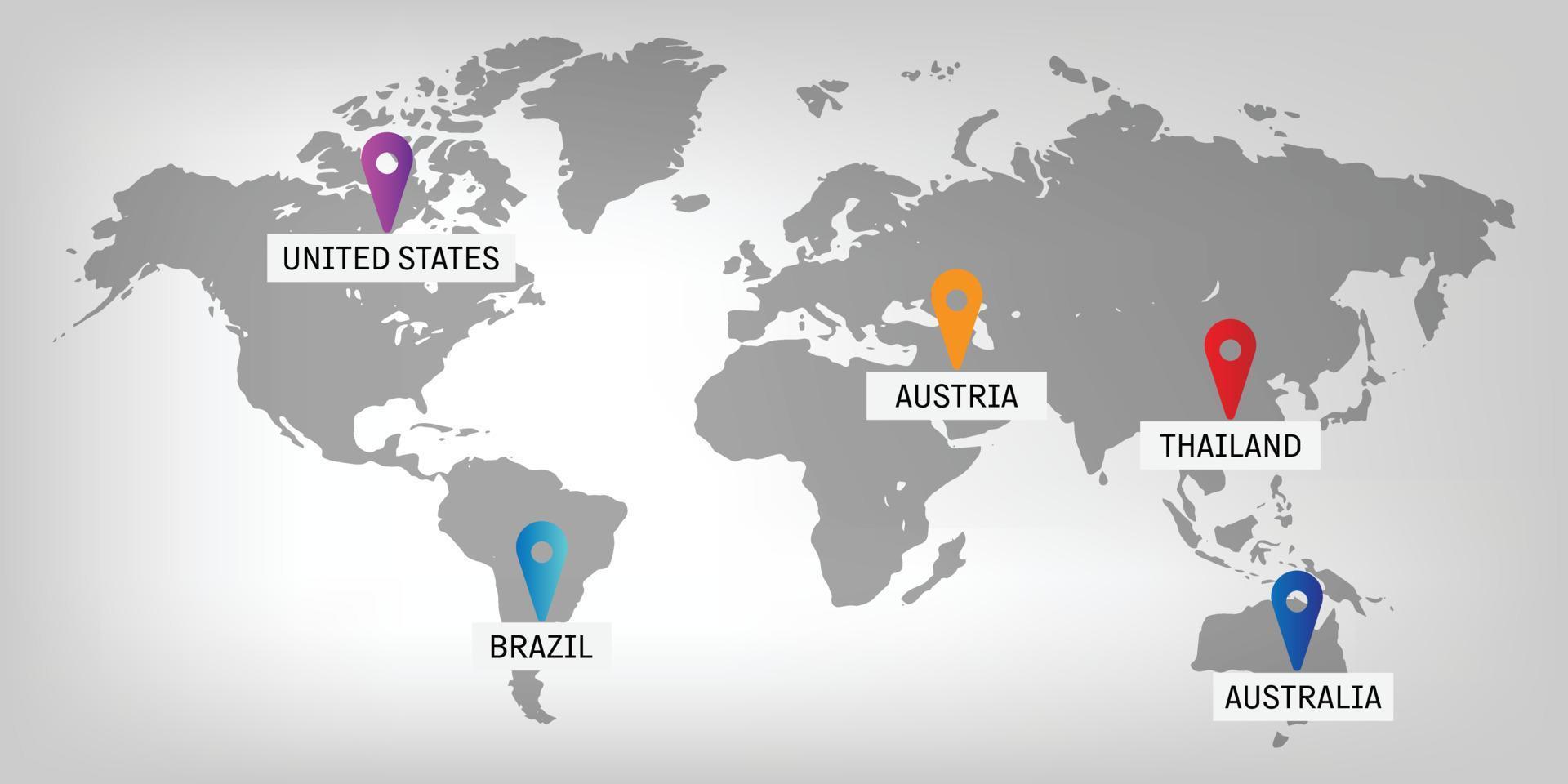 carte du monde vectorielle infographique avec plusieurs emplacements. carte du monde avec pointeurs de couleur et texte vecteur