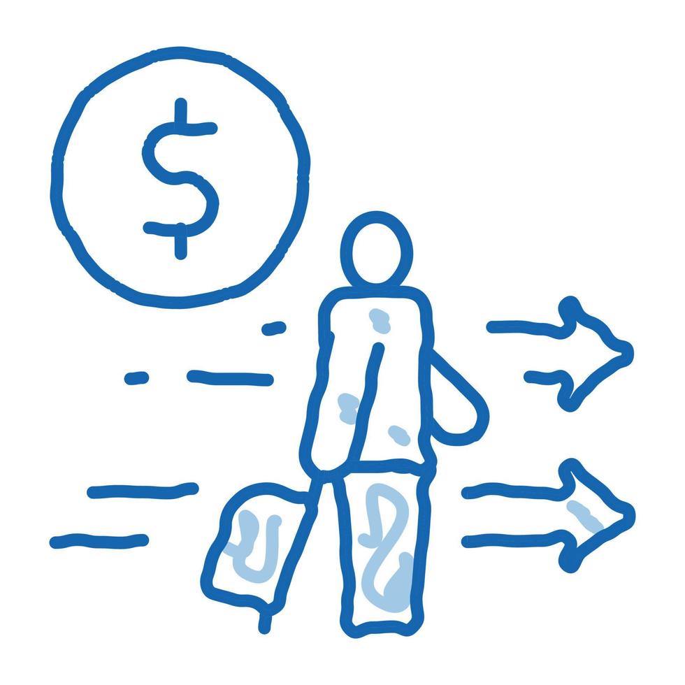 homme avec valise avec argent doodle icône illustration dessinée à la main vecteur
