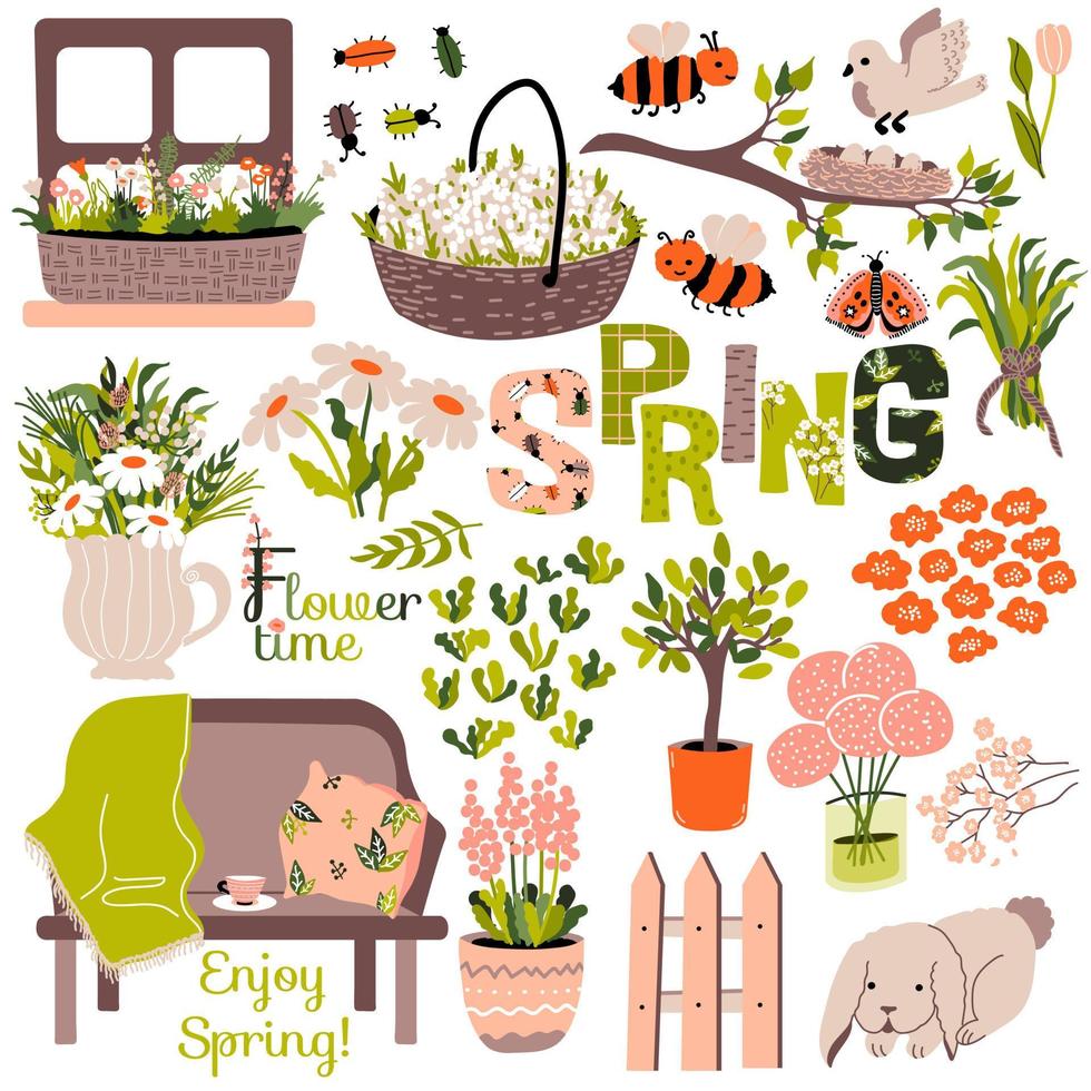 jeu de printemps. différentes fleurs, sakura, tulipes, camomille et plantes, joli lapin, bourdon et oiseau avec nid, banc, paniers de jardin. illustration vectorielle et texte vecteur