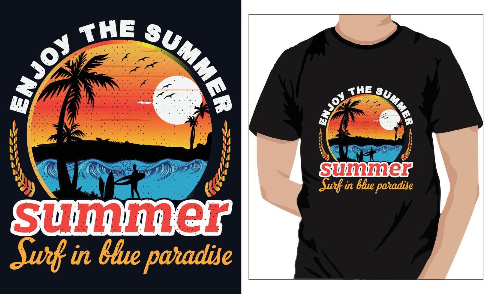 conception de t-shirts d'été profitez de l'été surf d'été au paradis bleu vecteur