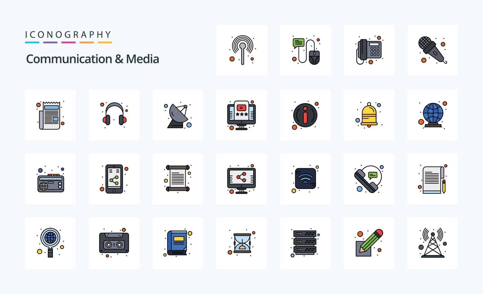 pack d'icônes de style rempli de 25 lignes de communication et de médias vecteur