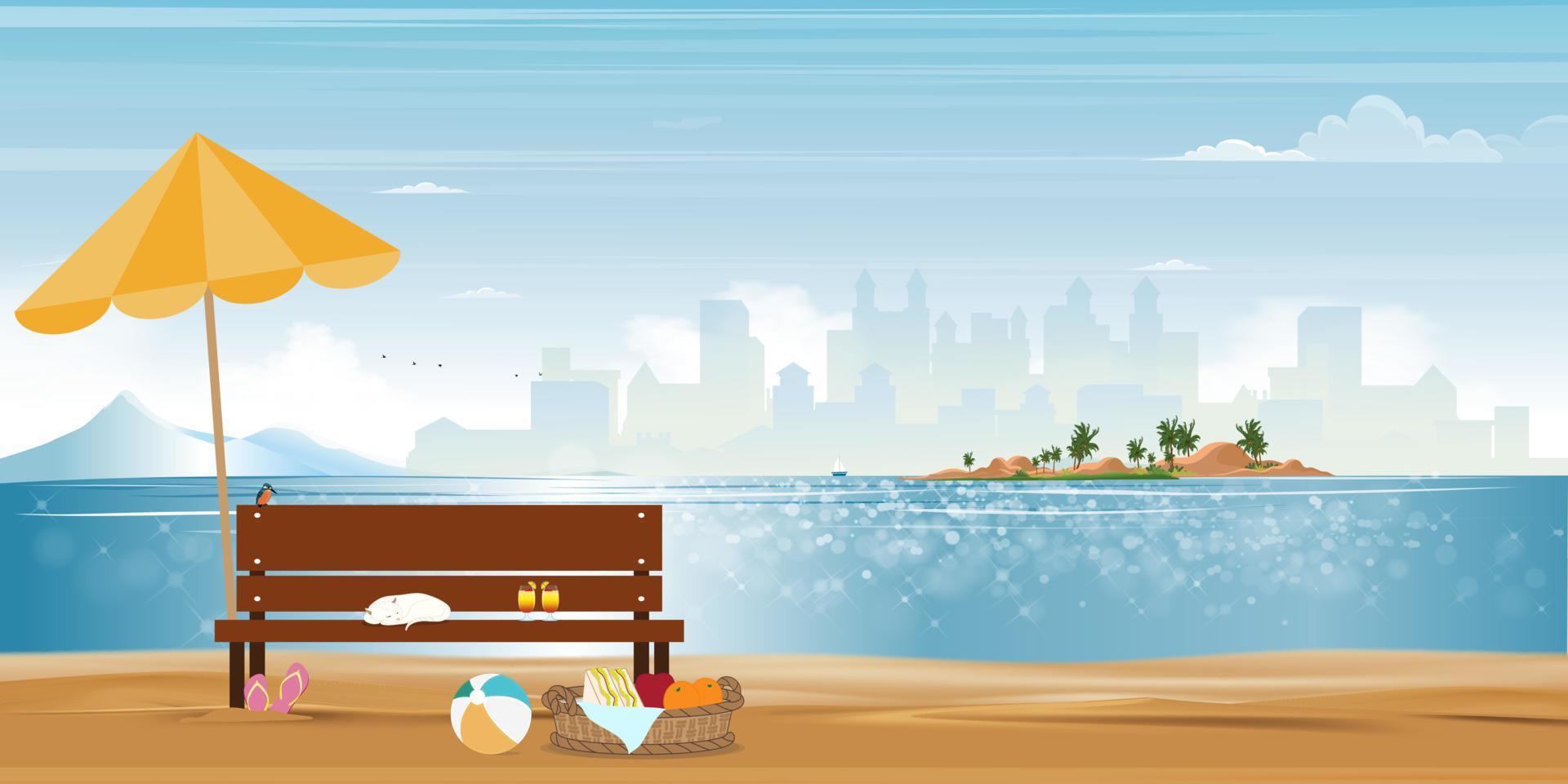 mer plage paysages de sable vue sur la ville avec chat dormant sur un banc, saison estivale de dessin animé vectoriel au bord de la mer avec nuages et fond de ciel bleu, beau paysage marin et océan bleu pour fond de vacances