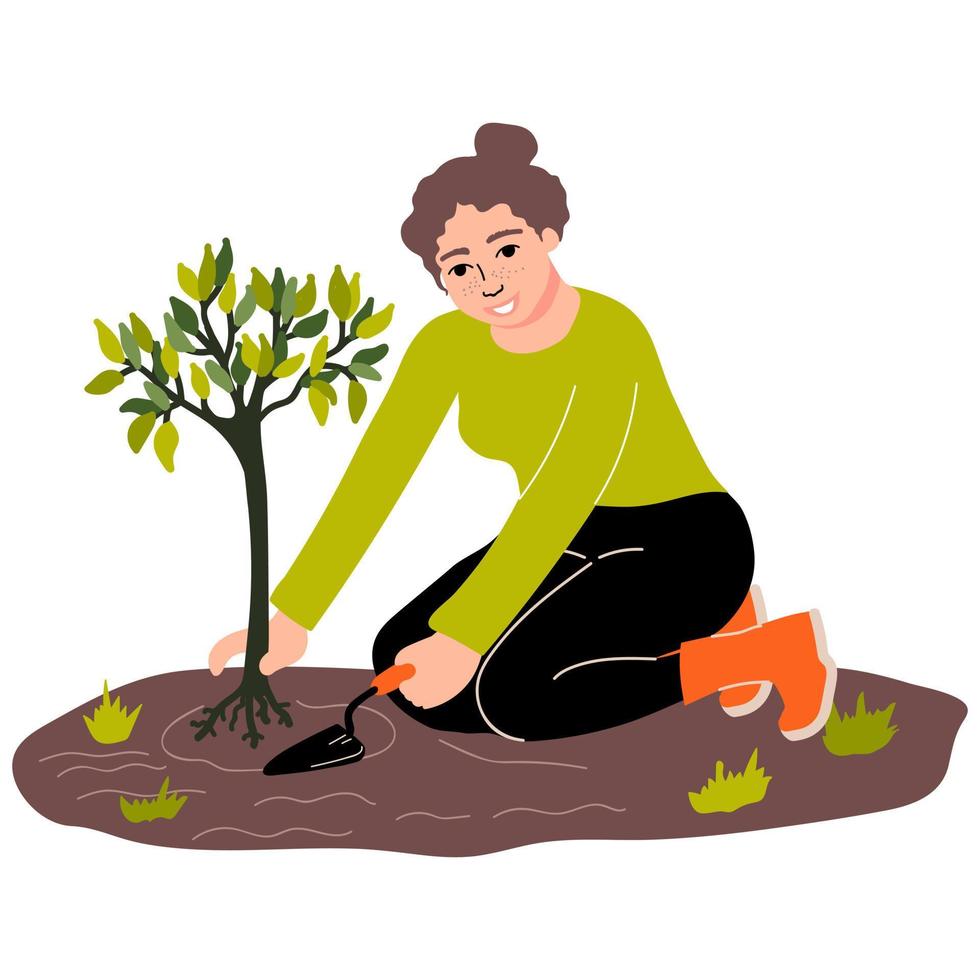 une femme plante un arbre dans le sol. plantation. prendre soin de l'environnement. protection écologique. un atterrissage. illustration vectorielle vecteur
