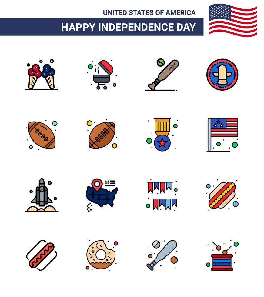 ensemble de 16 icônes de la journée des états-unis symboles américains signes de la fête de l'indépendance pour la célébration de baseball de l'aigle de rugby américain modifiable éléments de conception de vecteur de la journée des états-unis