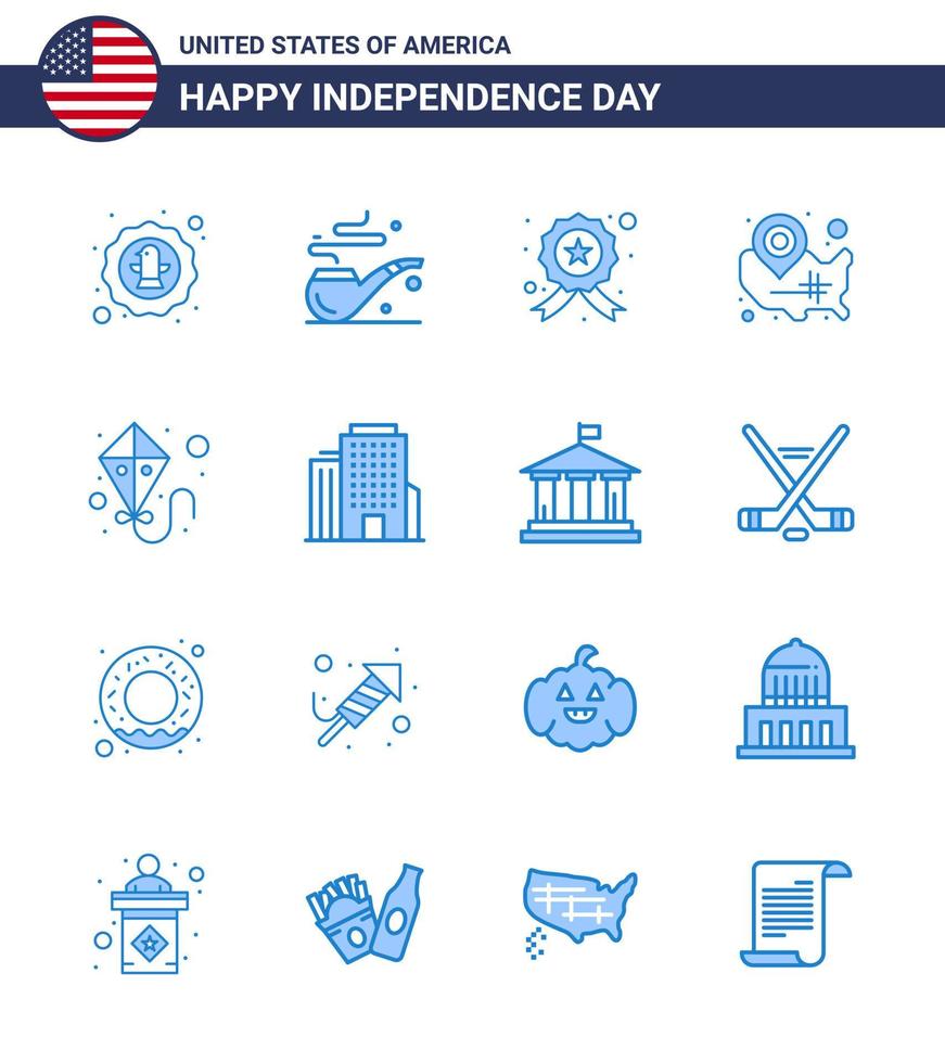 groupe de 16 blues pour le jour de l'indépendance des états-unis d'amérique tels que kite wisconsin badge usa carte modifiable usa day vector design elements