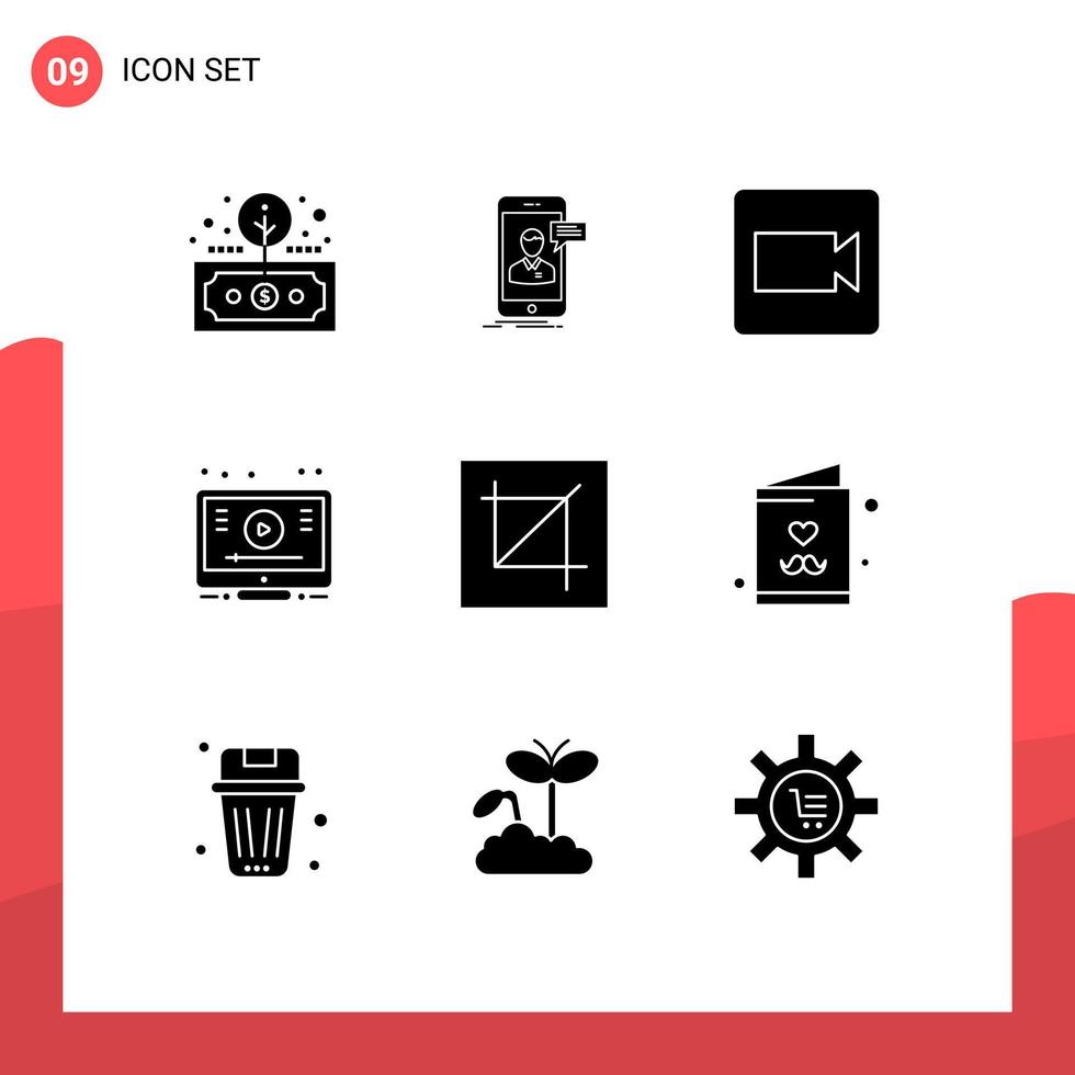 9 concept de glyphe solide pour les sites Web mobiles et les applications recadrer la vidéo vidéo mobile en ligne éléments de conception vectoriels modifiables vecteur