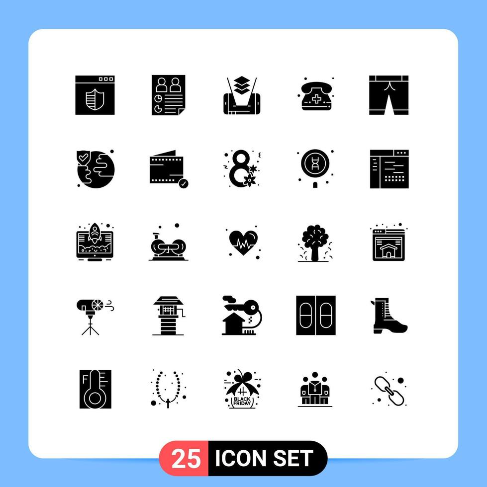 interface mobile glyphe solide ensemble de 25 pictogrammes d'utilisateurs de téléphones sportifs appel médical appel éléments de conception vectoriels modifiables vecteur