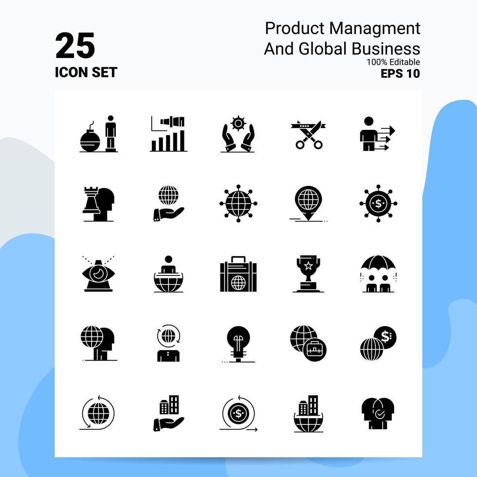 25 gestion de produits et jeu d'icônes d'affaires mondiales 100 fichiers eps modifiables 10 idées de concept de logo d'entreprise conception d'icône de glyphe solide vecteur