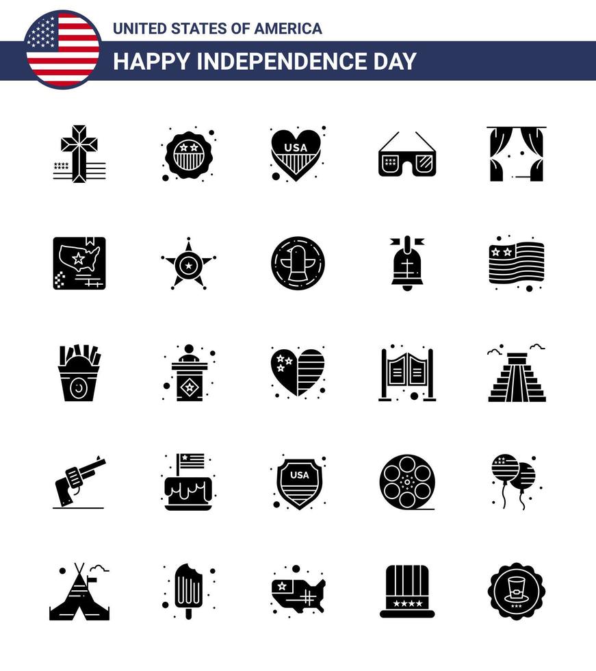 ensemble de 25 icônes de la journée des états-unis symboles américains signes de la fête de l'indépendance pour le divertissement de théâtre coeur lunettes usa modifiables éléments de conception vectorielle de la journée des états-unis vecteur