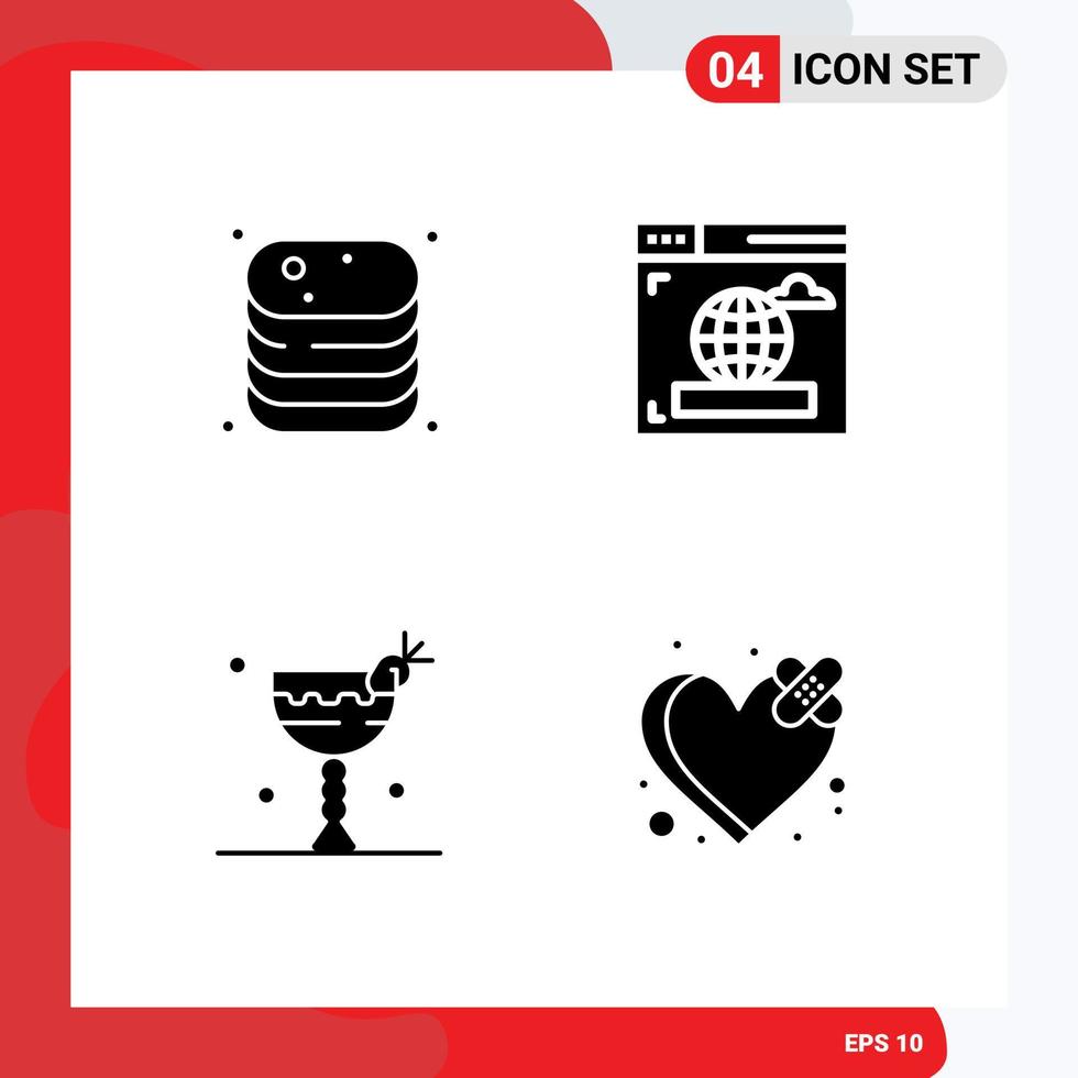 interface mobile glyphe solide ensemble de 4 pictogrammes de boeuf boisson nourriture internet manger éléments de conception vectoriels modifiables vecteur