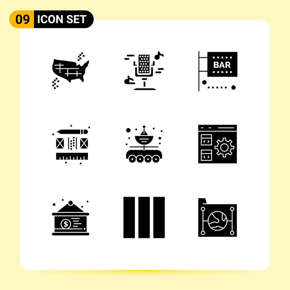 ensemble de 9 glyphes solides vectoriels sur la grille pour le processus d'antenne son médias créatifs et divertissement éléments de conception vectoriels modifiables vecteur