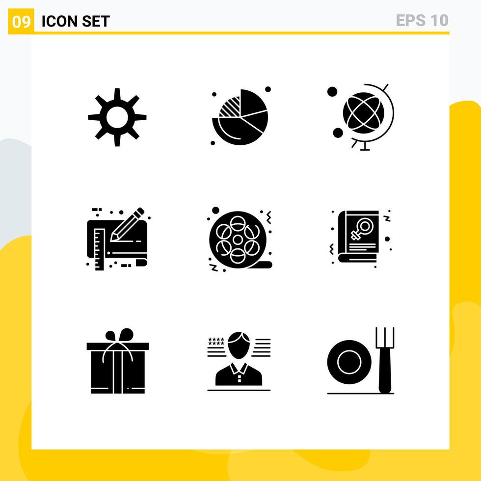 9 ensemble de glyphes solides universels pour les applications web et mobiles film de cinéma règle de géographie projet d'éléments de conception vectoriels modifiables vecteur