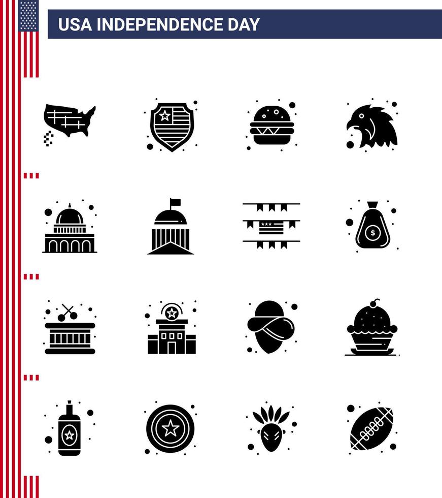 usa joyeux jour de l'indépendancepictogramme ensemble de 16 glyphes solides simples de ville usa fast food madison eagle modifiable usa day vector design elements