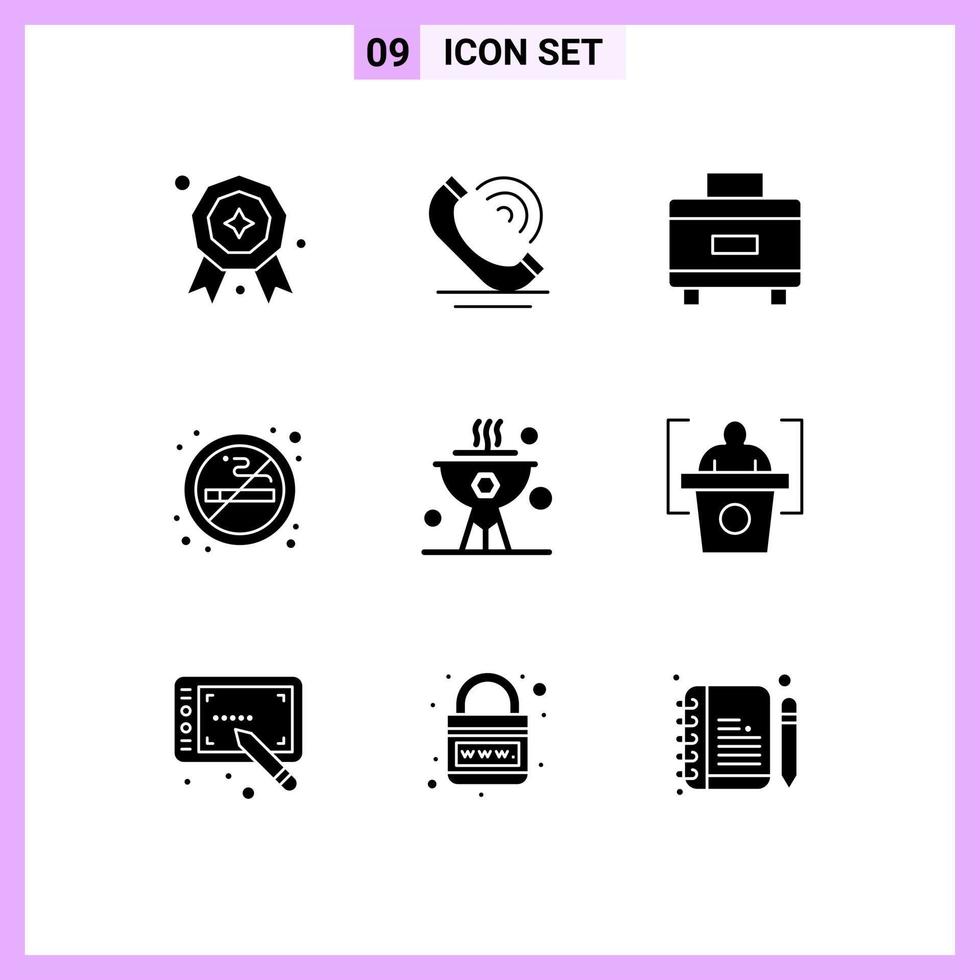 ensemble de 9 glyphes solides universels pour les applications web et mobiles dîner cuisinier valise barbecue fumer éléments de conception vectoriels modifiables vecteur