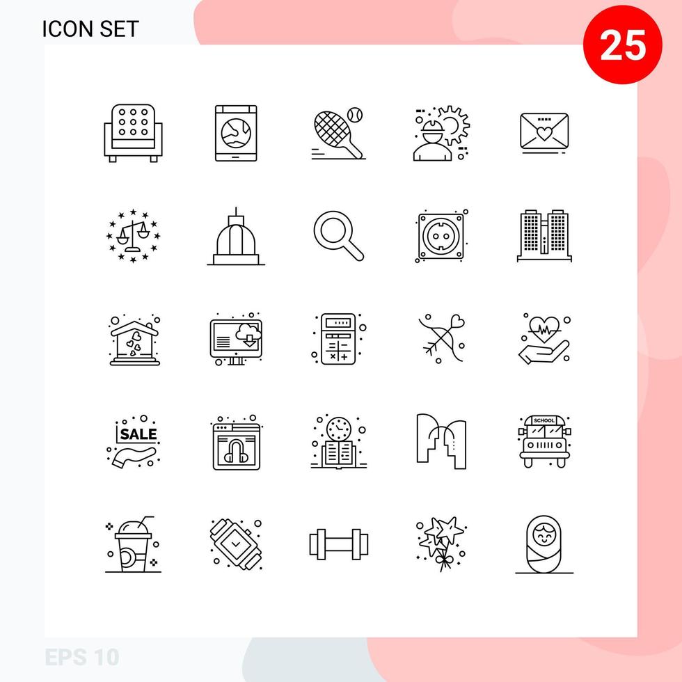 interface utilisateur pack de 25 lignes de base d'engins ingénieur smartphone ouvrier du bâtiment sport éléments de conception vectoriels modifiables vecteur