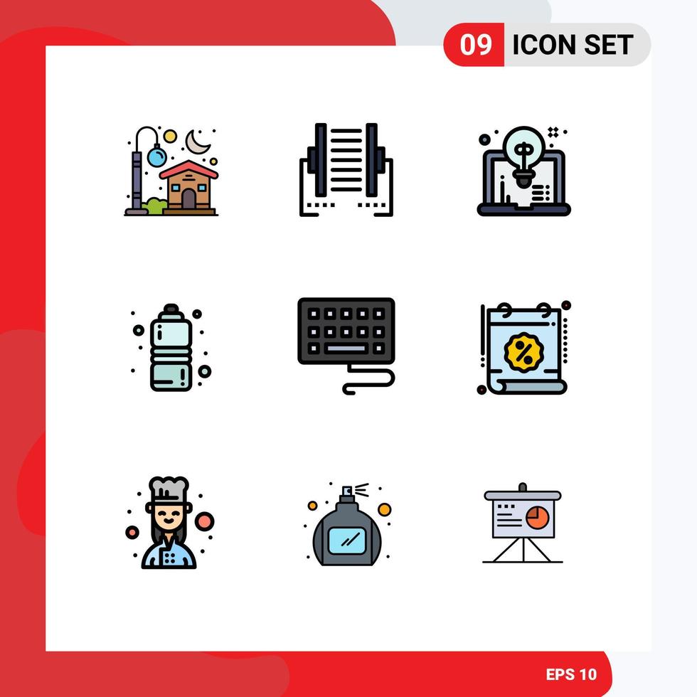 interface mobile filledline couleur plate ensemble de 9 pictogrammes d'éléments de conception vectoriels modifiables d'idée de santé de remise en forme de transfert de sports de clavier vecteur