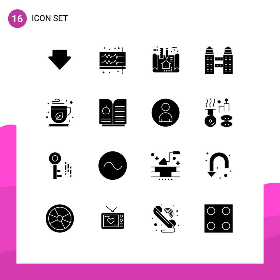 interface mobile glyphe solide ensemble de 16 pictogrammes d'éléments de conception vectoriels modifiables de bâtiment de construction d'appartement vert moka vecteur