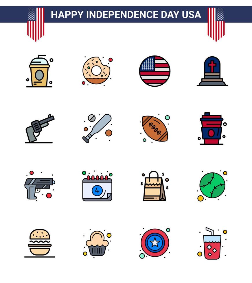 joyeux jour de l'indépendance usa pack de 16 lignes créatives remplies à plat d'armes à feu pierre tombale alimentaire tombe usa modifiable usa day vector design elements