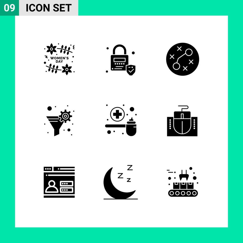 ensemble de 9 symboles d'icônes d'interface utilisateur modernes signes pour mesurer la guérison des germes engrenage filtre filtre éléments de conception vectoriels modifiables vecteur