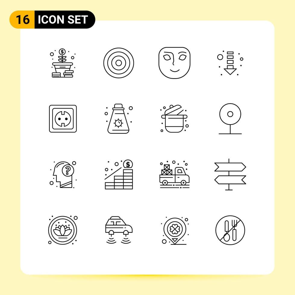 ensemble moderne de 16 contours pictogramme d'émotion électrique de prise flèche vers le bas éléments de conception vectoriels modifiables vecteur