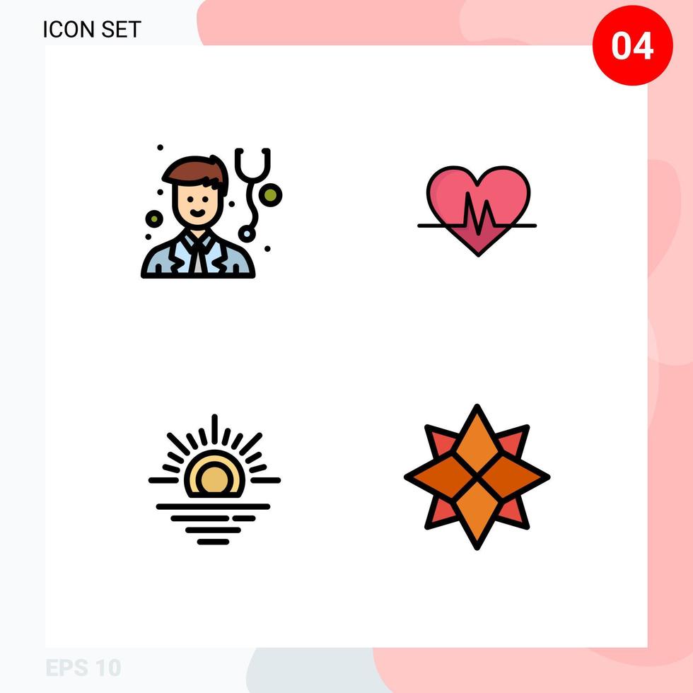 groupe de 4 signes et symboles de couleurs plates remplies pour les éléments de conception vectoriels modifiables de vacances de pouls ecg météo médecin vecteur