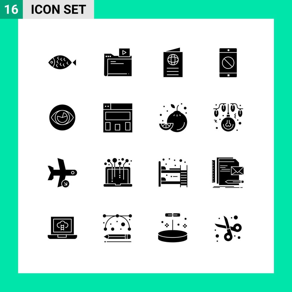 groupe de 16 glyphes solides modernes définis pour les éléments de conception vectoriels modifiables de voyage mobile de carte mobile oculaire vecteur