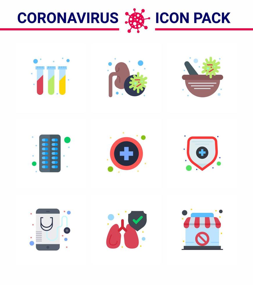 l'icône de couleur plate du coronavirus 9 sur le thème de l'épidémie corona contient des icônes telles que la médecine de la pilule médicale antivirus médical coronavirus viral 2019nov éléments de conception de vecteur de maladie