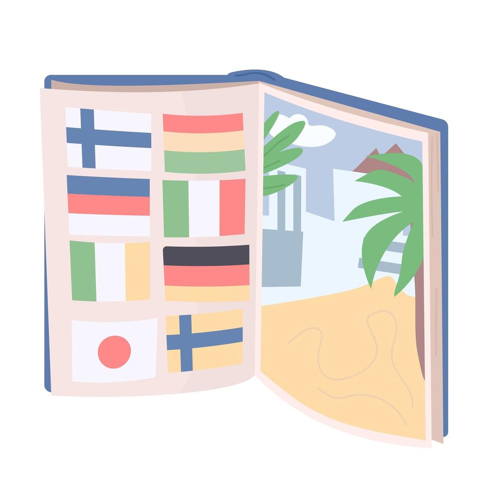 livre ouvert avec des drapeaux de pays et une plage tropicale vecteur