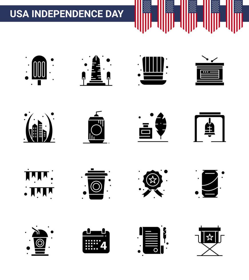 bonne fête de l'indépendance pack de 16 glyphes solides signes et symboles pour la construction de la fête de l'indépendance jour de l'indépendance tambour modifiable usa day vector design elements