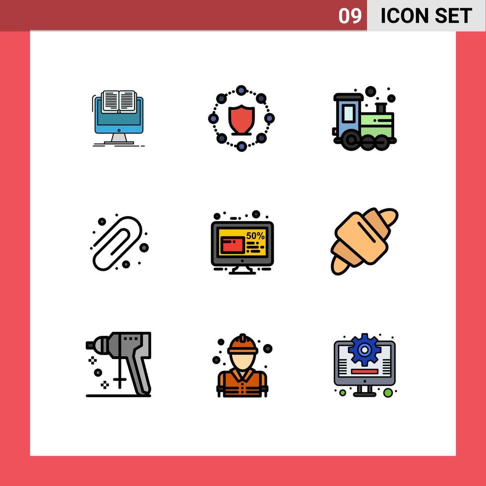 interface mobile filledline couleur plate ensemble de 9 pictogrammes d'escompte trombone réseau éducation temps de jeu éléments de conception vectoriels modifiables vecteur