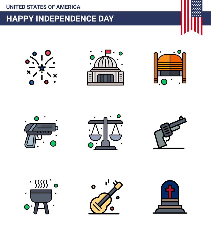 ensemble de 9 icônes de la journée des états-unis symboles américains signes de la fête de l'indépendance pour la sécurité des armes éléments de conception vectoriels de la journée des armes à feu blanches modifiables vecteur