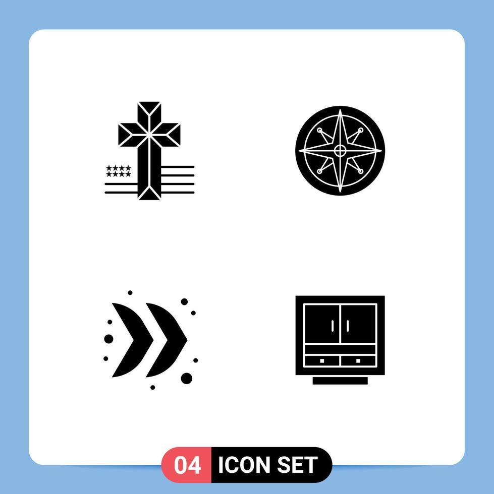 interface mobile glyphe solide ensemble de 4 pictogrammes d'éléments de conception vectoriels modifiables multimédia de navigateur de boussole de direction américaine vecteur