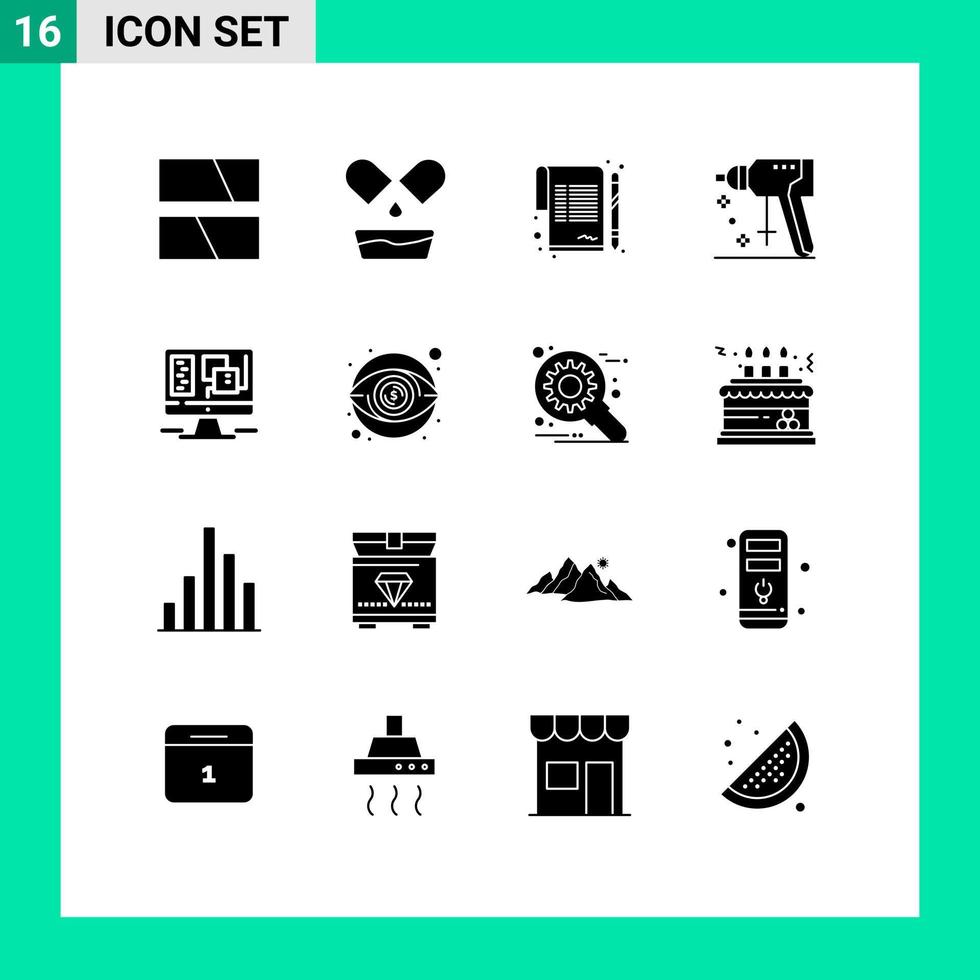 ensemble moderne de 16 pictogrammes de glyphes solides d'outils de papier d'ordinateur de fenêtre perforateur éléments de conception vectoriels modifiables vecteur