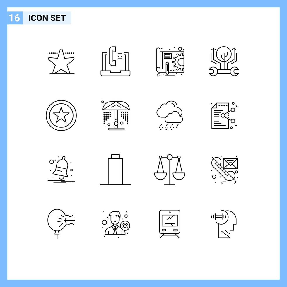 ensemble moderne de 16 contours et symboles tels que les éléments de conception vectoriels modifiables de développement de croissance d'impression bleue préférée vecteur