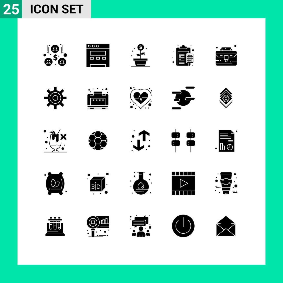 pack de glyphes solides de 25 symboles universels de l'argent de la chose devoirs de l'analyse de rentabilisation éléments de conception vectoriels modifiables vecteur