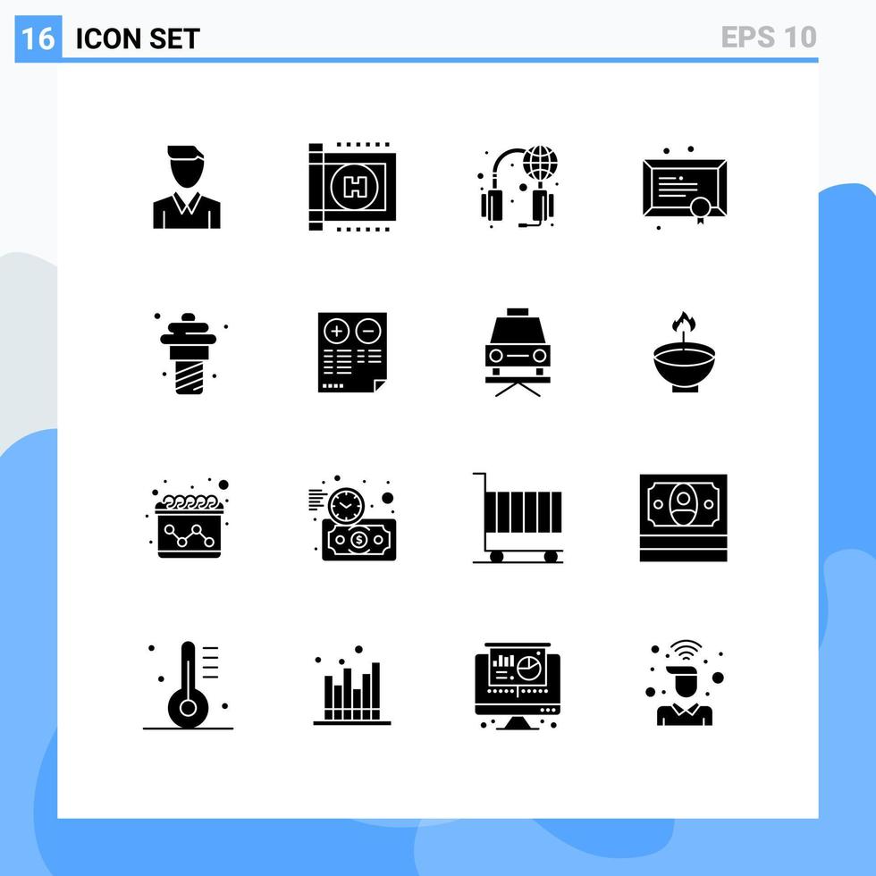 16 pack de glyphes solides de l'interface utilisateur de signes et symboles modernes de l'étude de l'alimentation aide les éléments de conception vectoriels modifiables du diplôme scolaire vecteur
