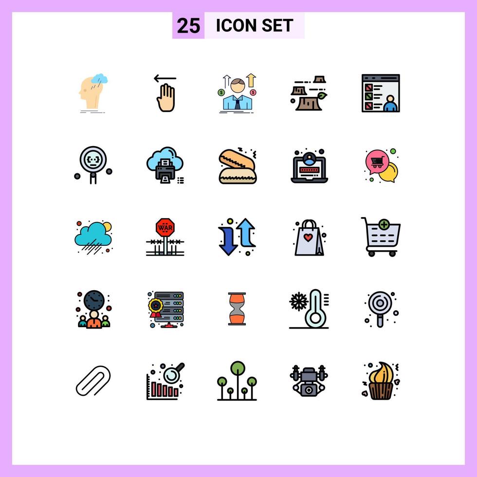 25 couleurs plates de ligne pleine universelle définies pour les applications web et mobiles environnement déforestation laissé des dommages éléments de conception vectoriels modifiables par les employés vecteur