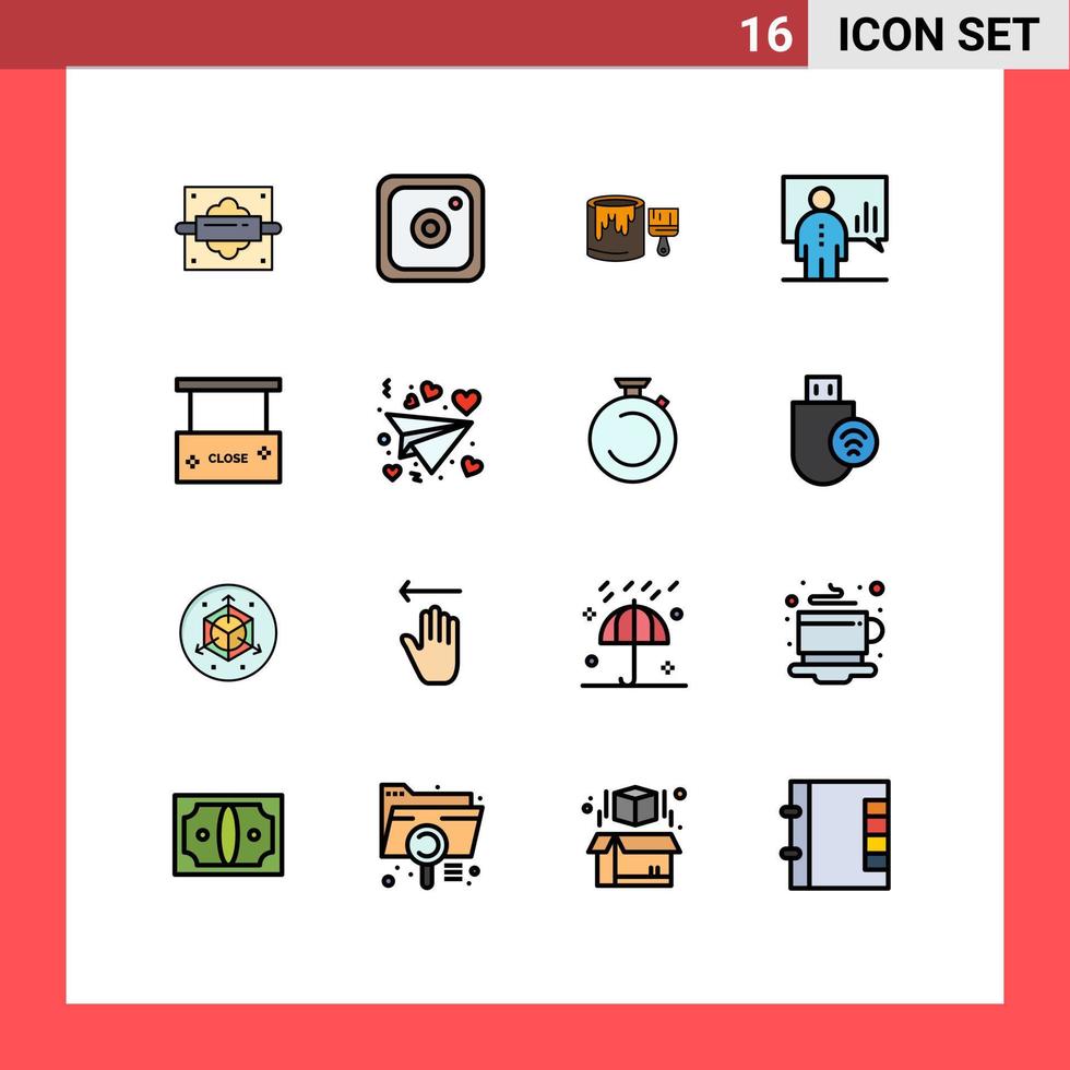 interface mobile ligne remplie de couleurs plates ensemble de 16 pictogrammes d'éléments de conception vectoriels créatifs modifiables du conseil d'administration seau homme vecteur