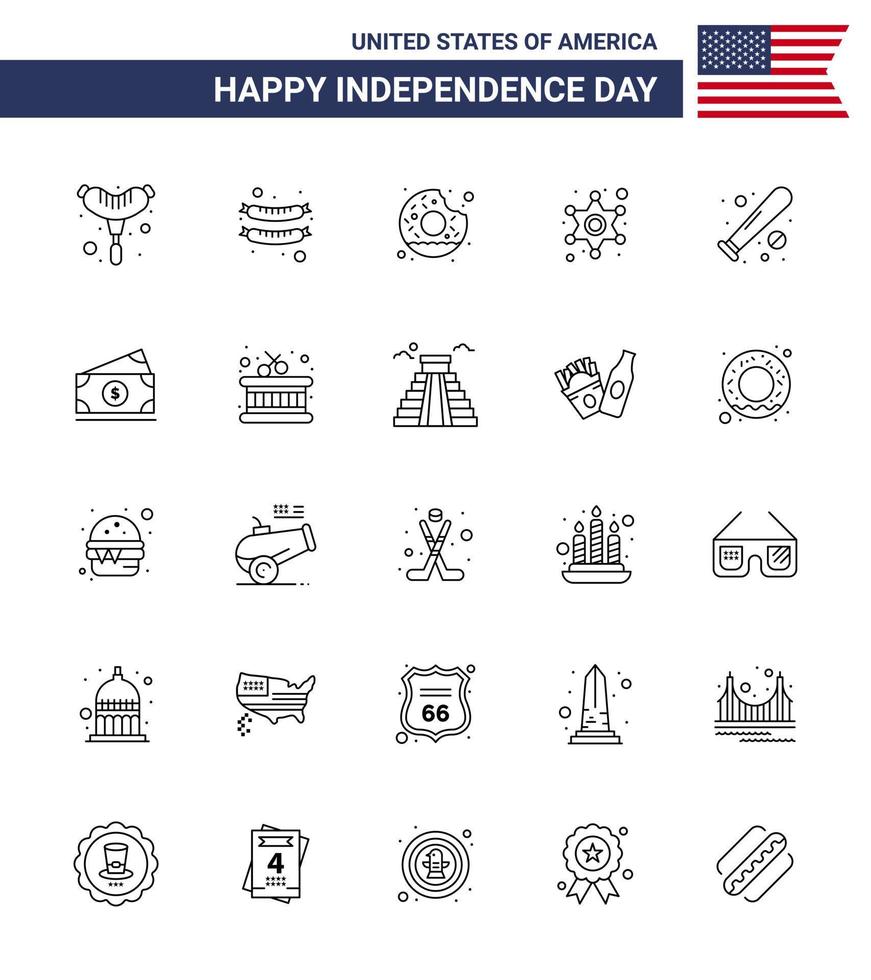 joyeux jour de l'indépendance pack de 25 lignes signes et symboles pour l'argent usa police sports baseball modifiable usa day vector design elements