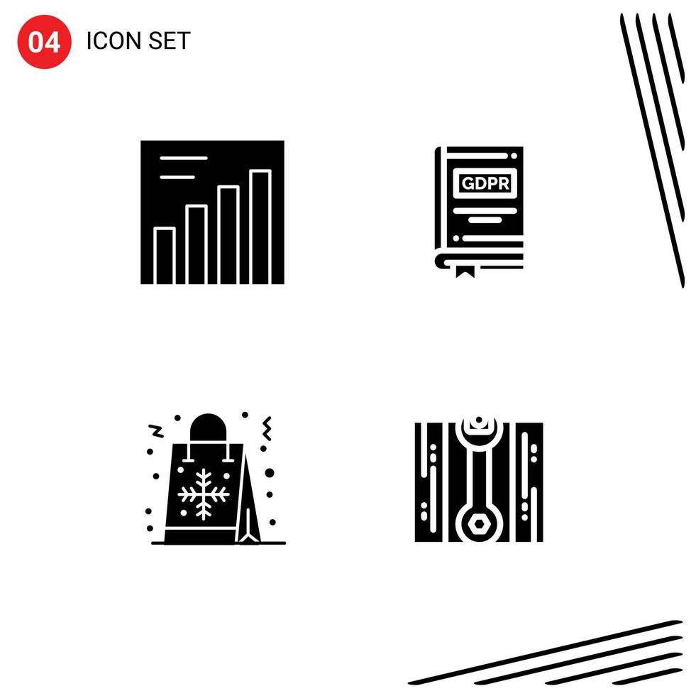 ensemble moderne de 4 pictogrammes de glyphes solides d'éléments de conception vectoriels modifiables de l'histoire du document flocon d'analyse vecteur