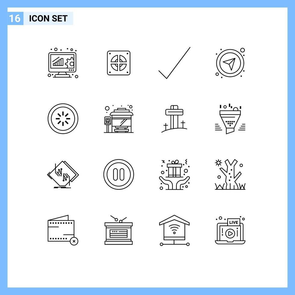 ensemble de pictogrammes de 16 contours simples d'éléments de conception vectoriels modifiables directionnels de vérification de tampon de connexion vecteur