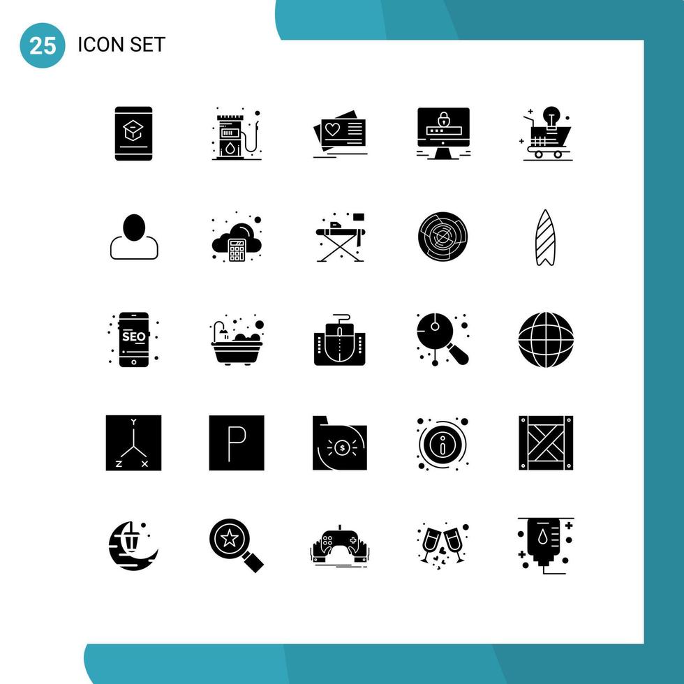 ensemble moderne de 25 pictogrammes de glyphes solides d'éléments de conception vectoriels modifiables de mariage de carburant internet de verrouillage de chariot vecteur