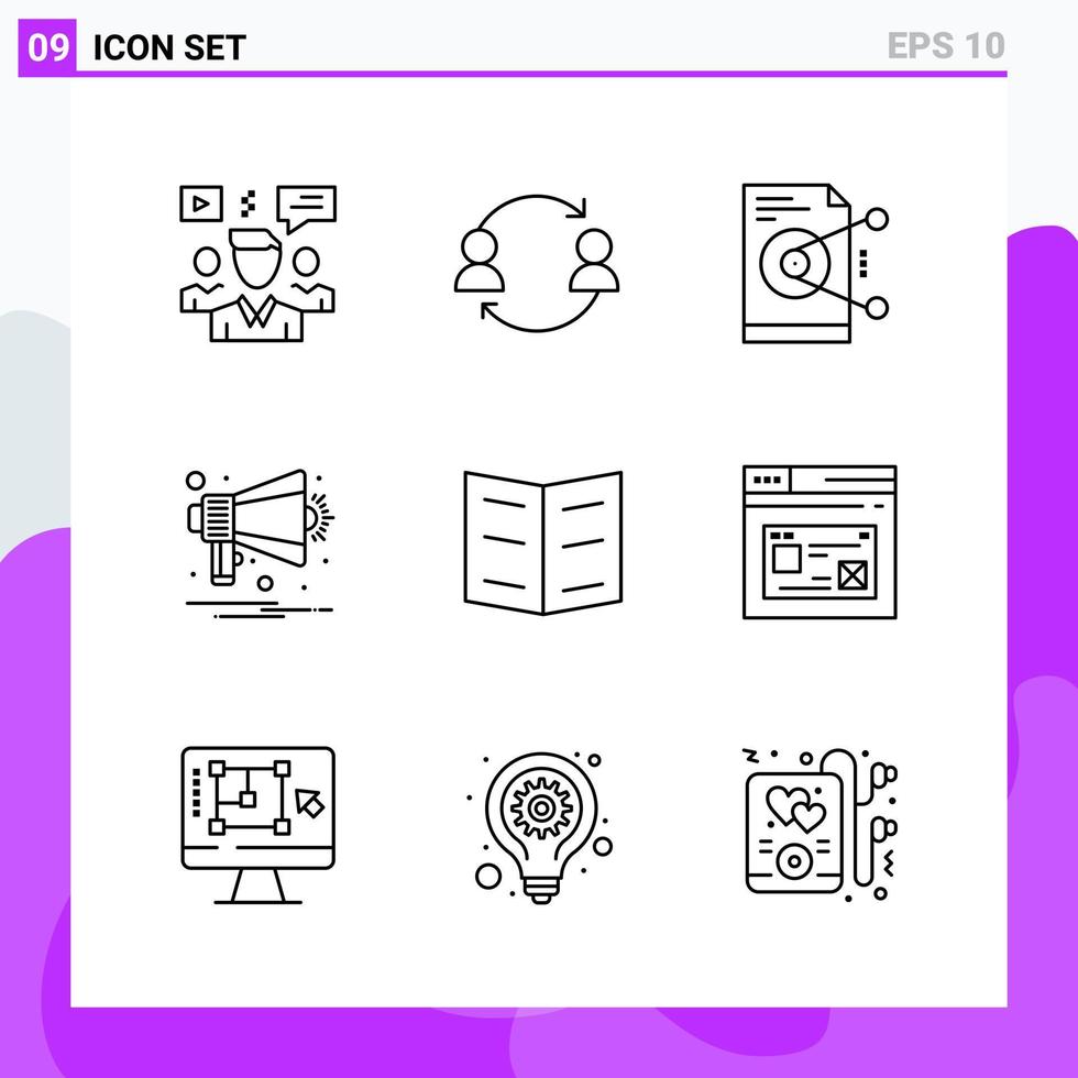 ensemble de 9 icônes dans le style de ligne symboles de contour créatifs pour la conception de sites Web et les applications mobiles signe d'icône de ligne simple isolé sur fond blanc 9 icônes fond de vecteur d'icône noire créative