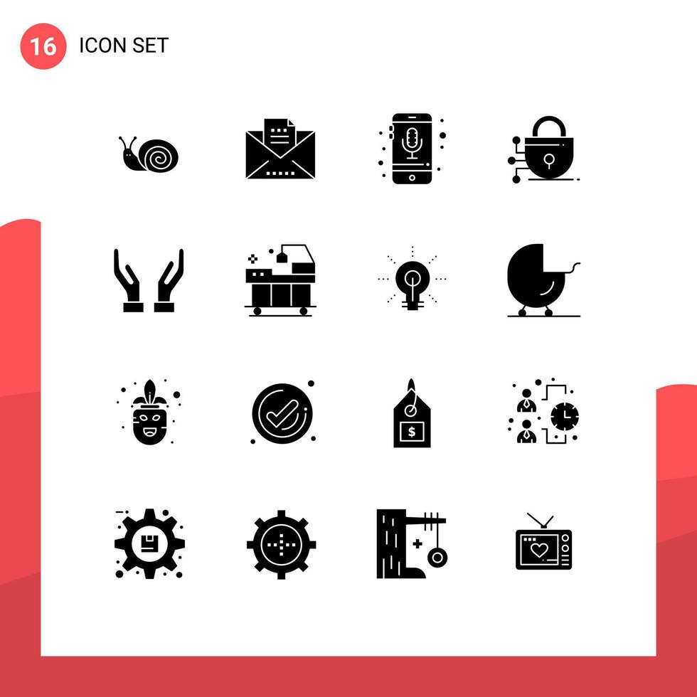 groupe de 16 glyphes solides modernes définis pour les éléments de conception vectoriels modifiables de verrouillage de dispositif de technologie de soins vecteur