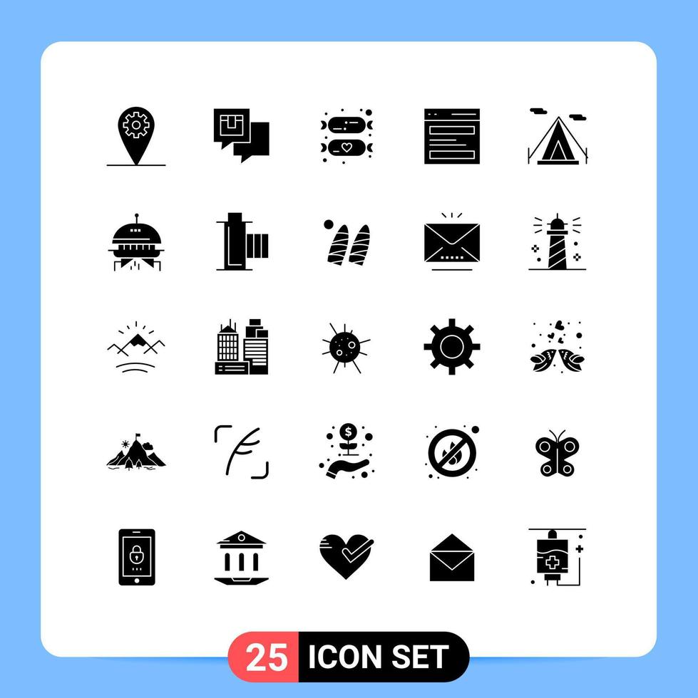 25 concept de glyphe solide pour sites Web mobiles et applications interface de tente de plage bébé héros communication éléments de conception vectoriels modifiables vecteur