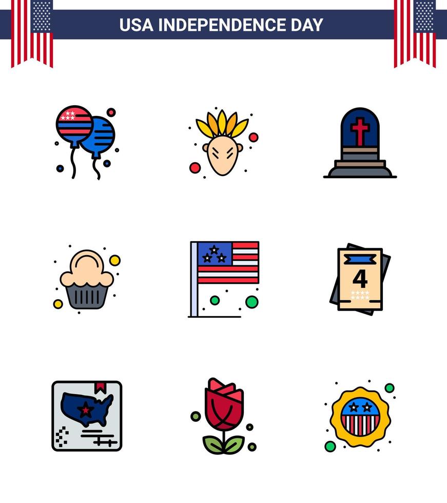 9 usa plat rempli ligne pack de signes et symboles de la fête de l'indépendance du jour du drapeau fête de la tombe fête modifiable usa day vector design elements