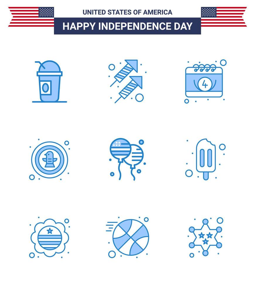 joyeux jour de l'indépendance 9 pack d'icônes blues pour le web et l'impression bloon eagle célébration américaine éléments de conception vectoriels américains modifiables usa day vecteur