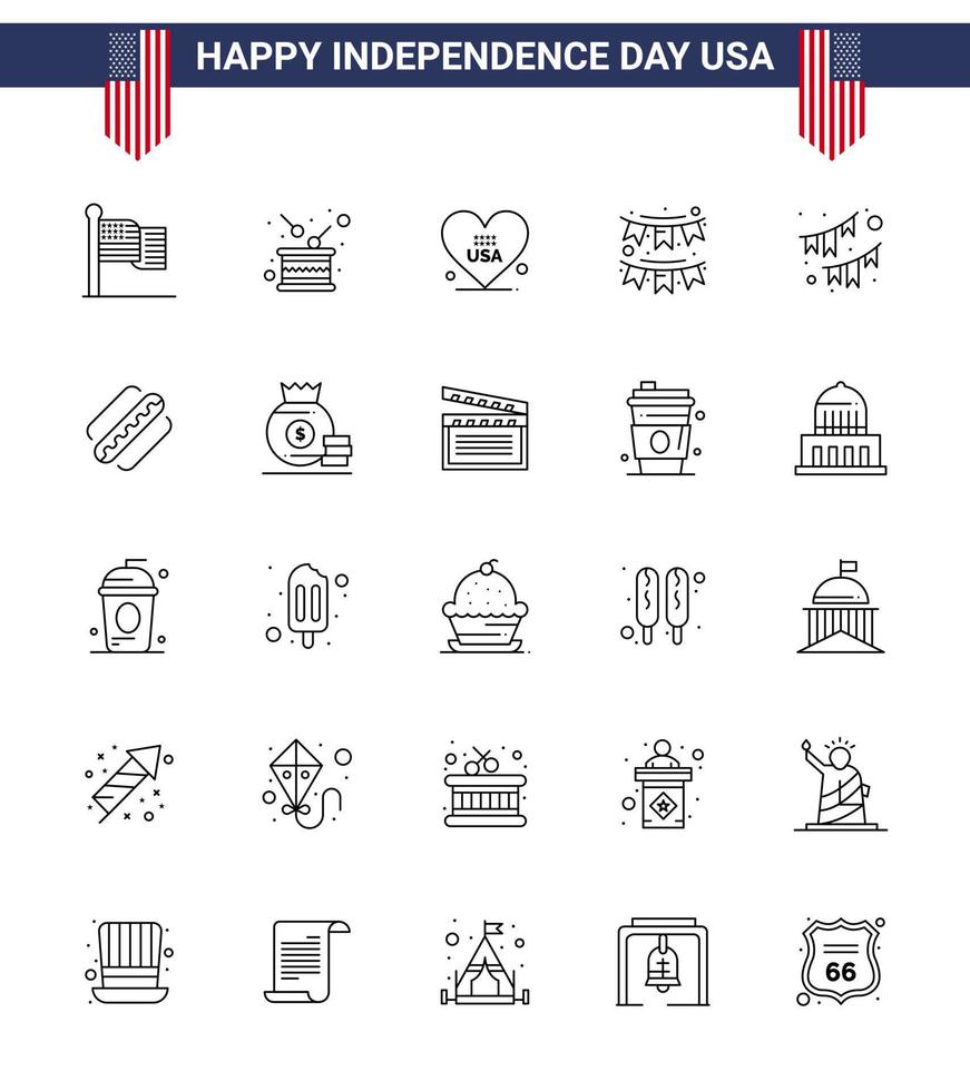 ensemble de 25 icônes de la journée des états-unis symboles américains signes de la fête de l'indépendance pour la décoration de guirlande bruants de l'indépendance états-unis modifiables éléments de conception de vecteur de la journée des états-unis