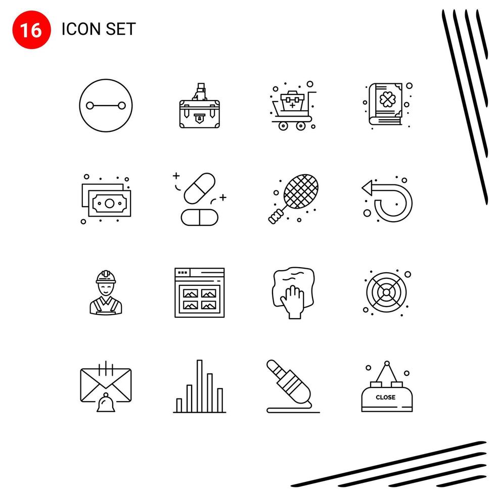 16 ensemble de contours d'interface utilisateur de signes et symboles modernes de patrick clover livre de marketing chariot médical éléments de conception vectoriels modifiables vecteur