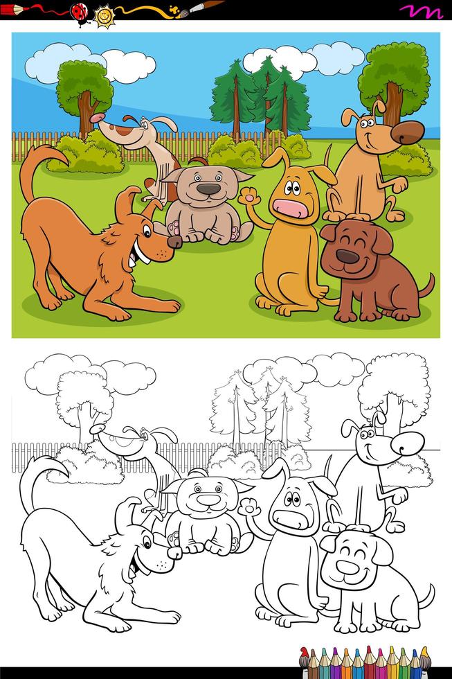 Page de livre de coloriage de groupe de personnages de dessins animés de chiens vecteur
